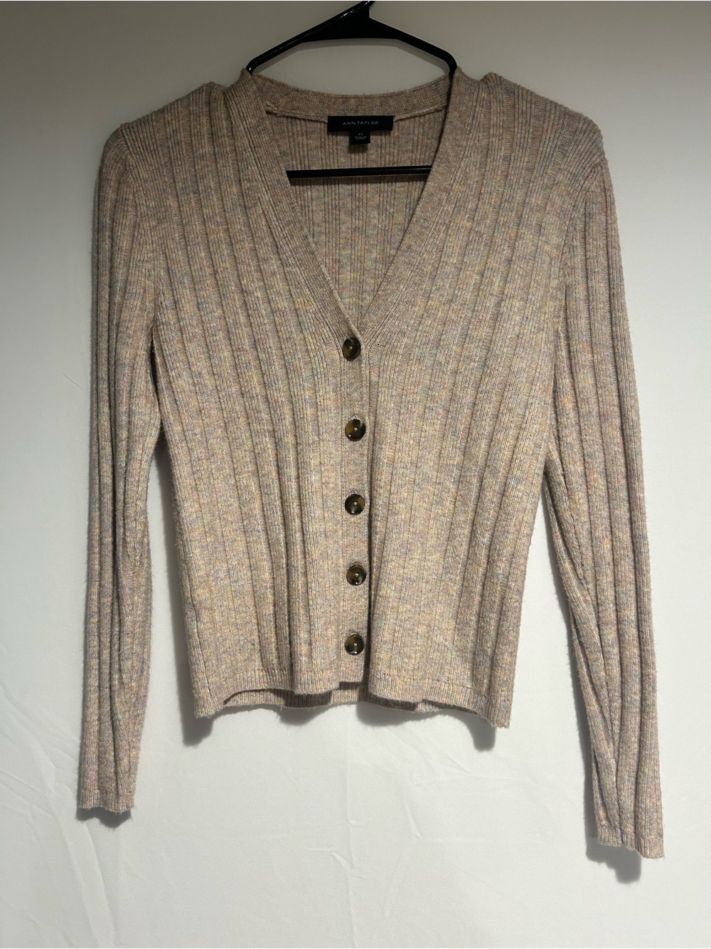 Ann Taylor Neutral Multitone Ribbed V-Neck Button Cardigan